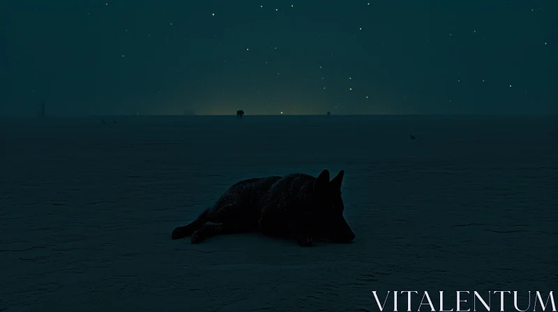 Black Dog Sitting Under the Stars at Night | Minimalistic Landscapes AI Image