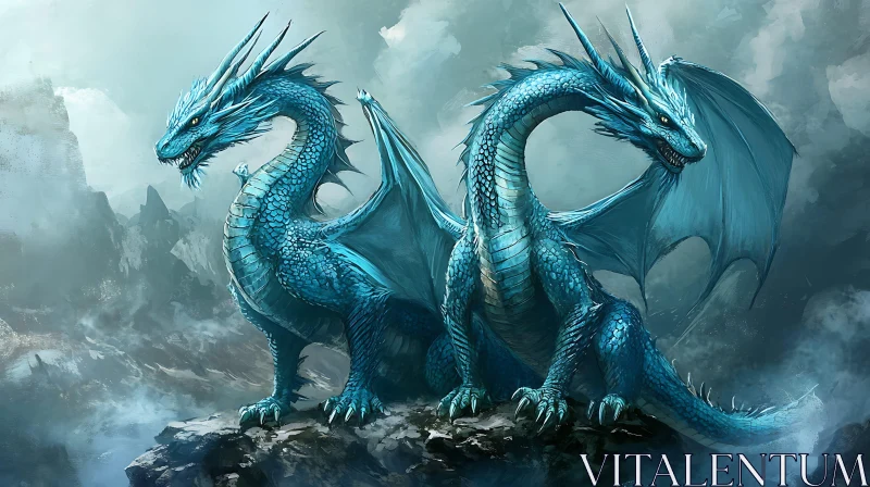 Twin Dragons on Misty Peak AI Image