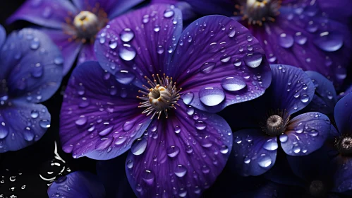 Captivating Purple Flowers with Blue Water Droplets on Black Background