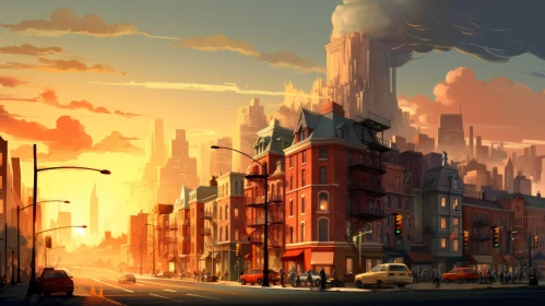 Cityscape Artwork: Captivating Sunset in a Vibrant City