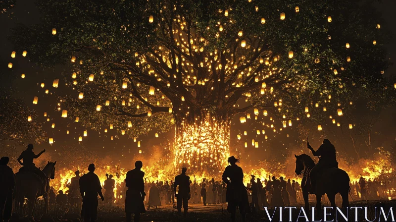 Lantern Festival Under the Ancient Tree AI Image