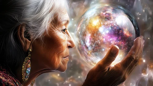 Elderly Woman with Universe in Hand