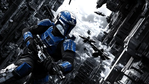 Blue Armored Soldier in Sci-Fi City