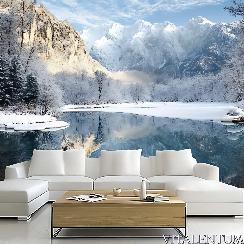 Scenic Winter Lake with Cozy Interior AI Image