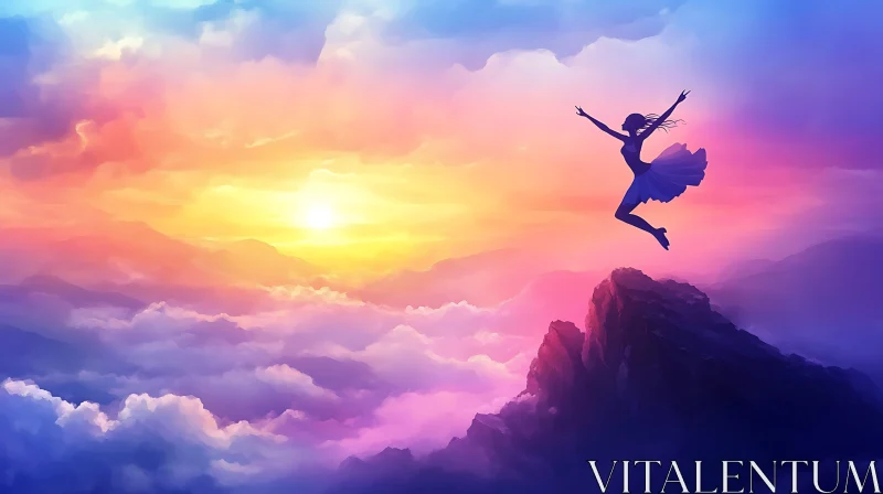 Woman's Silhouette Jumping at Sunset AI Image