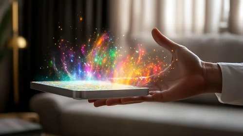 Hand Holding Tablet with Colorful Light