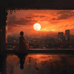 Girl Watching Sunset Over City