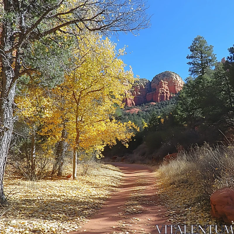 Autumn Forest Path with Stunning Red Rock Backdrop AI Image