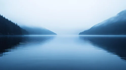 Tranquil Misty Hills with a Calm Lake