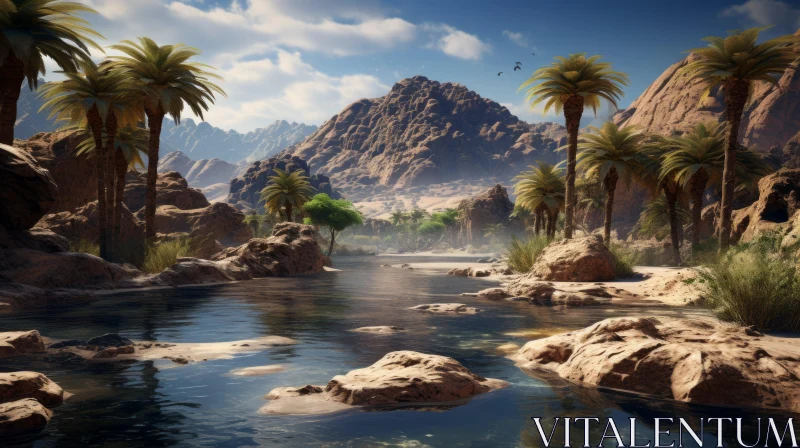 Idyllic Desert River Scene with Atmospheric Effects AI Image