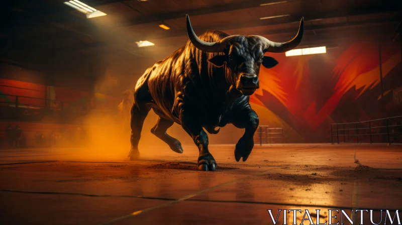 Intense Indoor Bull Run: A Powerful Depiction in Orange and Black AI Image
