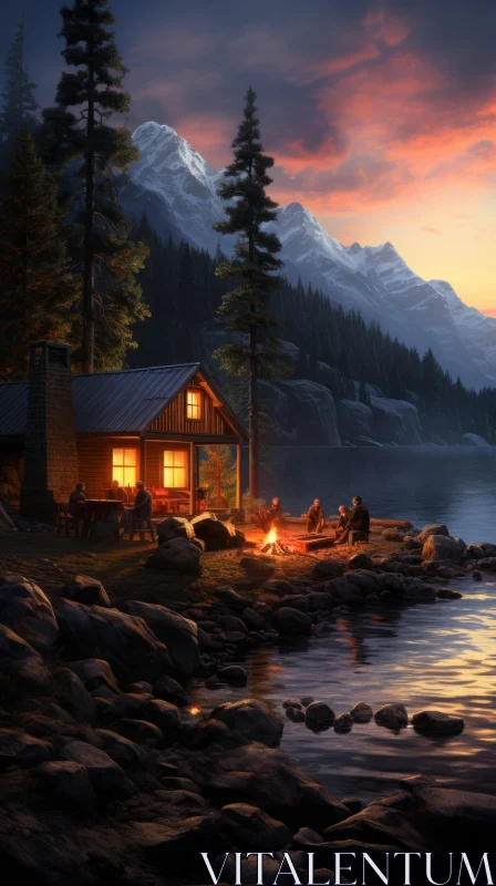 Serene Cabin by the Water: A Hyper-Detailed Rendering of Nature's Beauty AI Image