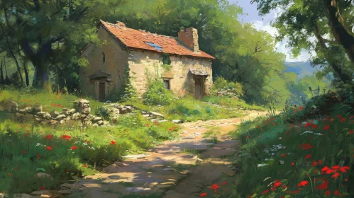 Serene Landscape Painting of Stone Cottage in Forest