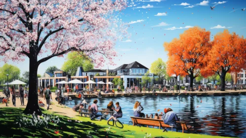 Tranquil Scene: People Relaxing in a Park by the Water