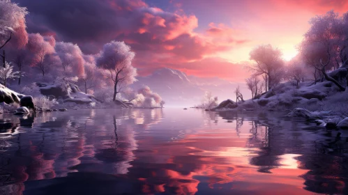 Winter Sunrise: A Surreal 3D Landscape in Light Violet and Crimson