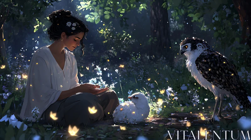 Forest Scene with Woman and Owls AI Image