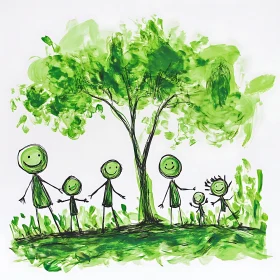 Childlike Family Art with Painted Tree