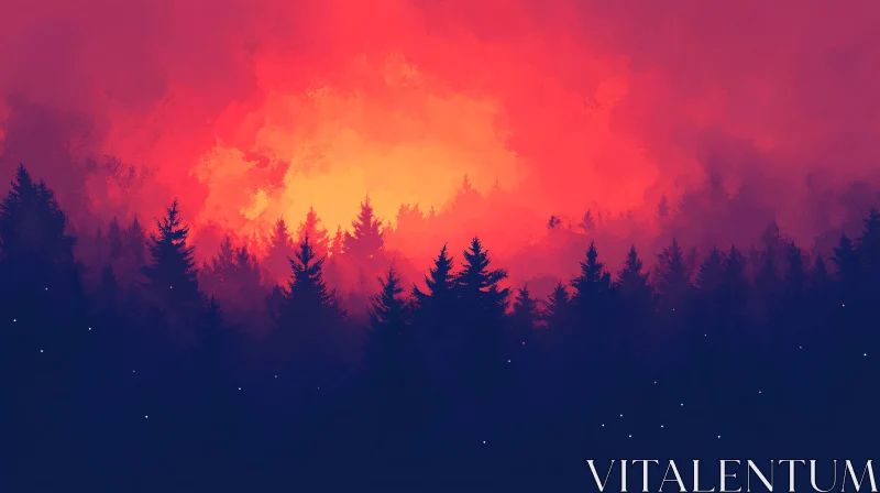 AI ART Silhouetted Forest in Glowing Sunset