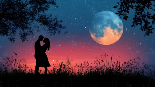 Silhouette Lovers Under Moonlit Sky