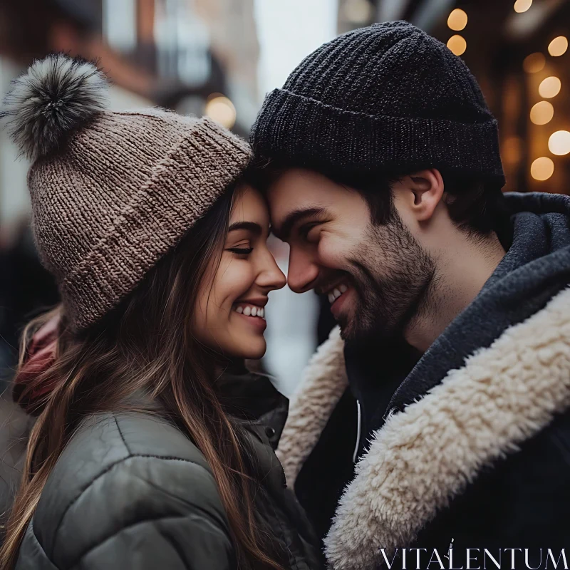 Winter Romance: Foreheads Touching AI Image