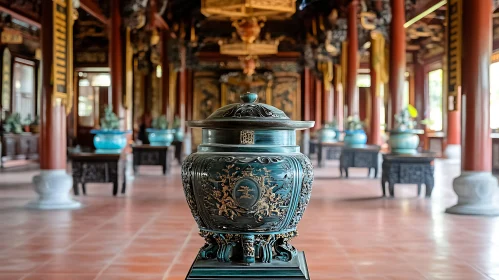 Asian Temple Interior with Decorative Vase