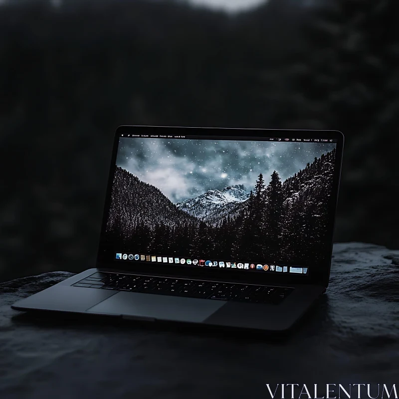 Technology Meets Nature: Laptop with Mountain and Forest Wallpaper AI Image