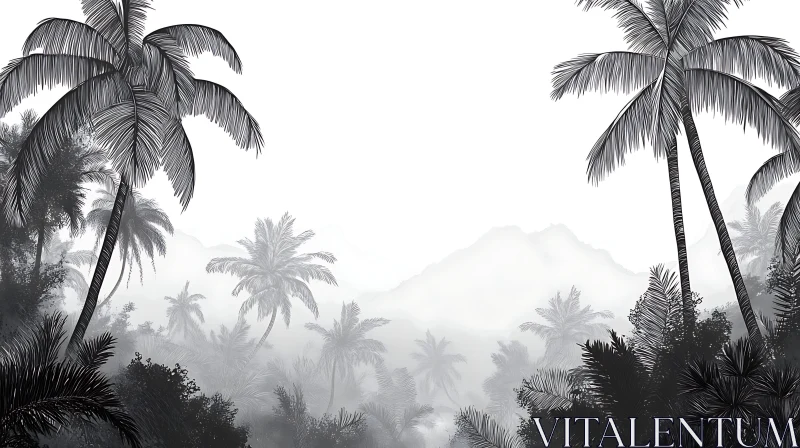 Misty Monochrome Palm Tree Forest AI Image