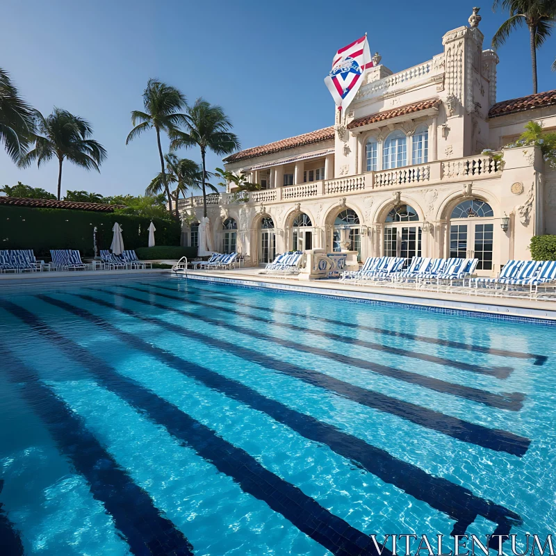 Luxury Poolside Mansion with Palm Trees AI Image