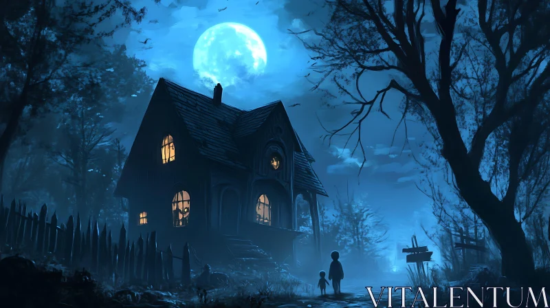 Moonlit House with Figures AI Image