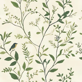 Nature Themed Illustration with Green Leaves and Bird