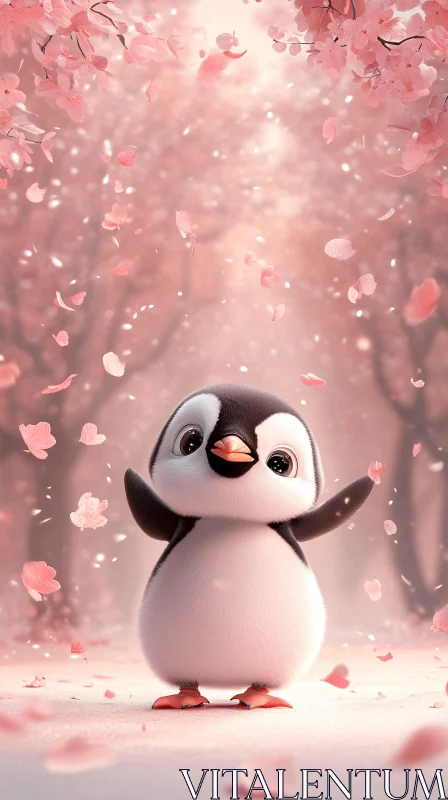 AI ART Whimsical Penguin in Blossom Shower