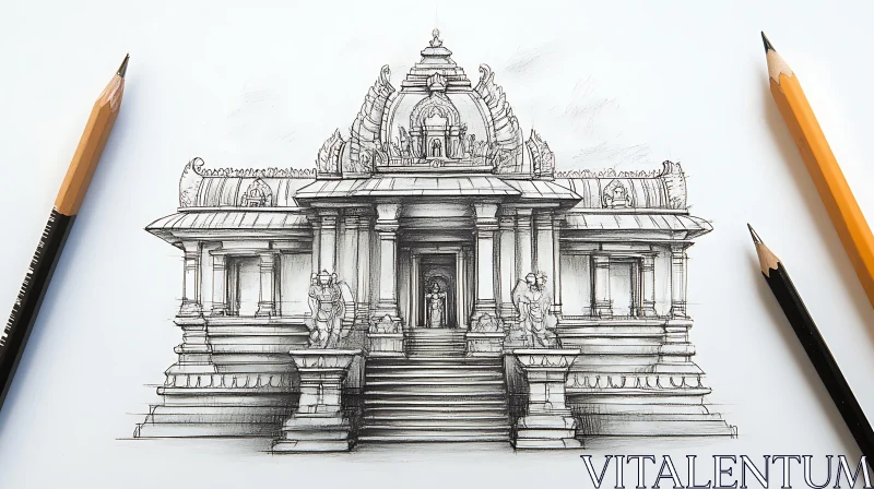 Detailed Temple Sketch with Pencils AI Image