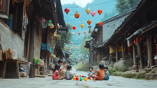 Village Street Scene with Playing Children