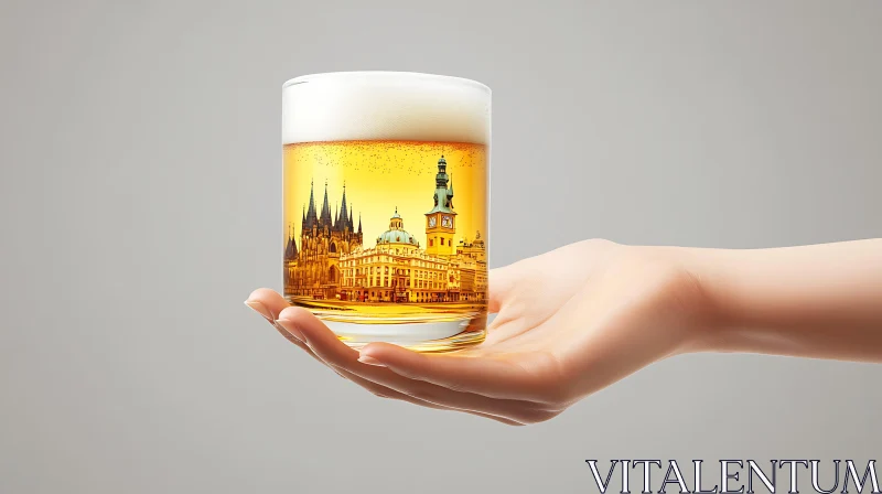 Urban Reflection: A Beer Glass City AI Image