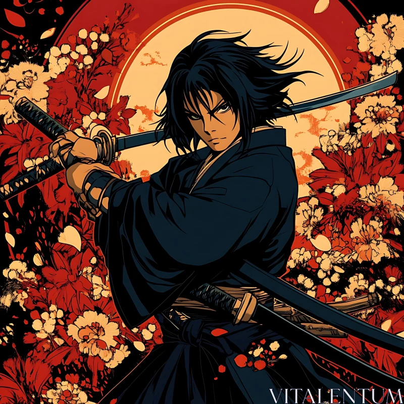 AI ART Swordsman in Floral Anime Art