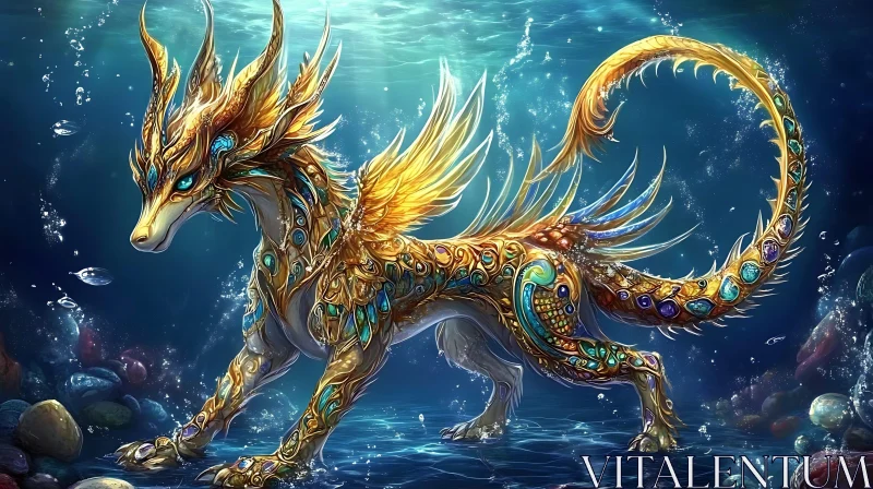 AI ART Golden Dragon Underwater Illustration