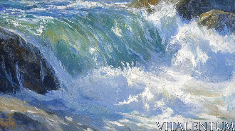 AI ART Ocean Wave Crashing Against Rocks Painting