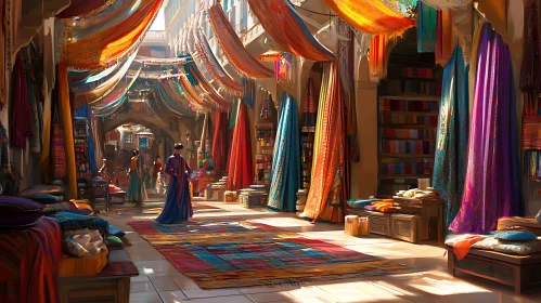 Bustling Marketplace with Hanging Fabrics