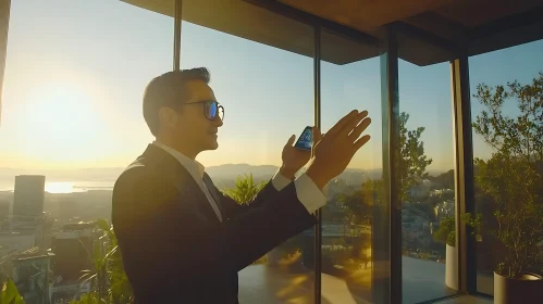 Man with Smartphone in High-Rise Office at Sunset