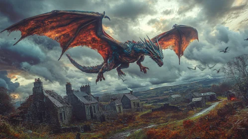 Fantasy Dragon Over Village Landscape Art