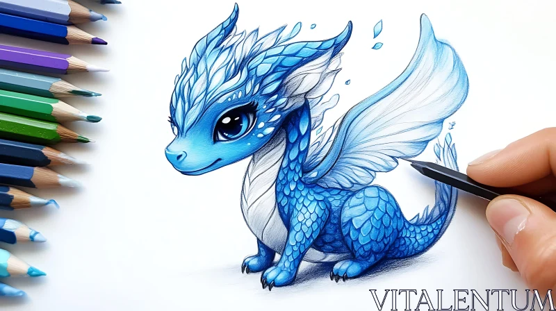 Whimsical Blue Dragon Art Illustration AI Image