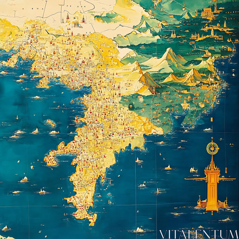 Artistic Vintage Map with Blue and Yellow Tones AI Image