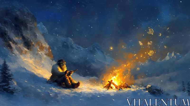 AI ART Creature Warming by Winter Campfire