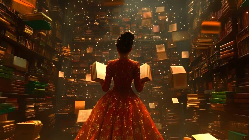 Magical Library with Woman and Floating Books