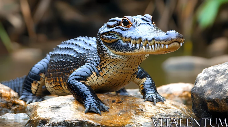 Wild Alligator on Rock Near Water AI Image