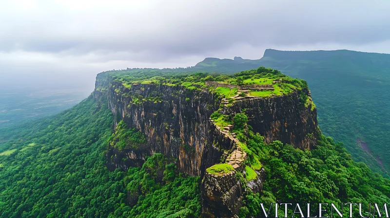 Lush Mountain Cliff Under Cloudy Sky AI Image