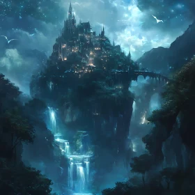 Fantasy Castle on the Cliff Above Waterfalls