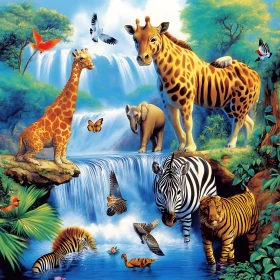 Jungle Wildlife at a Cascading Waterfall