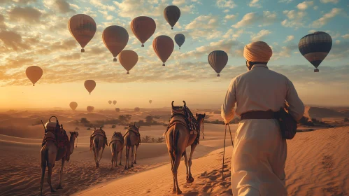 Tranquil Desert Scene with Camels and Balloons