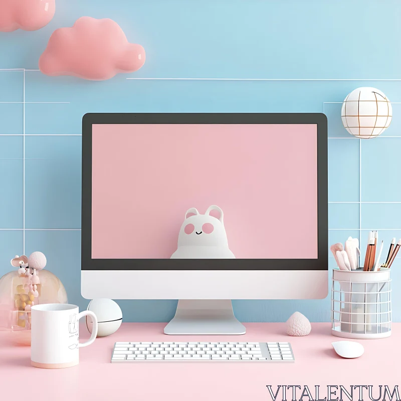 Organized Pastel-Themed Desk with Adorable Monitor Display AI Image